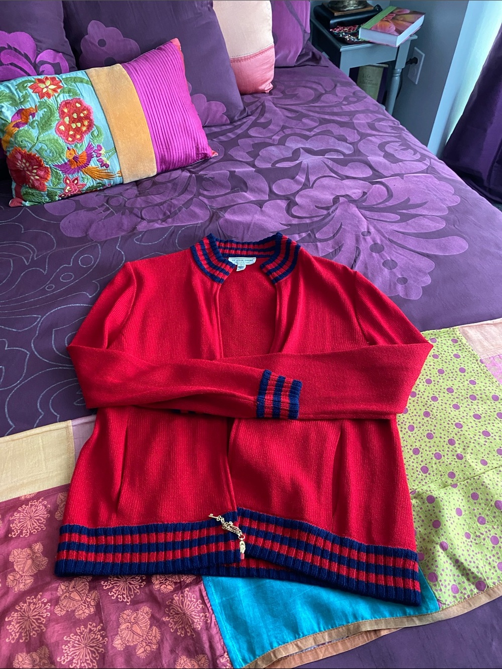 St. John Sport by Marie Gray Red Cardigan with Navy Trim